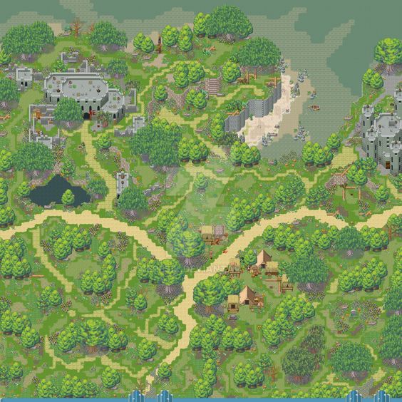 A overview of a RPG Maker map with a forest, a castle and a camp, a river flows left to right in the north.